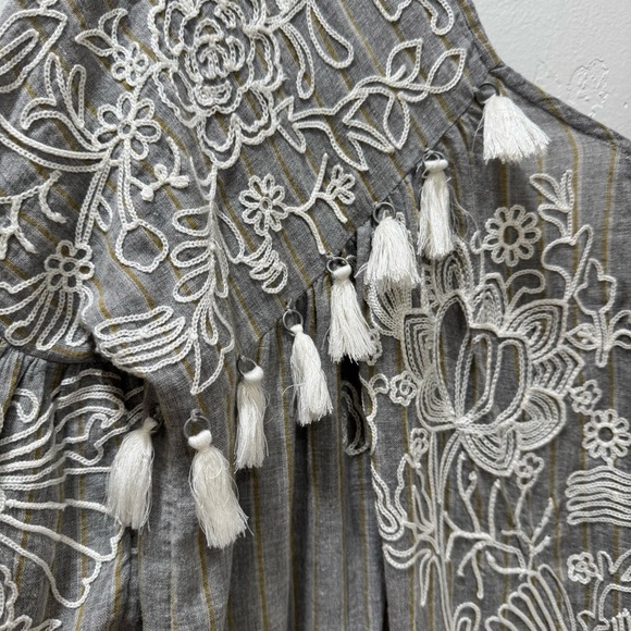 Anthropologie Maeve Tisdale Embroidered Tassel Midi Dress Women 6 Oversized Gray - Picture 7 of 16